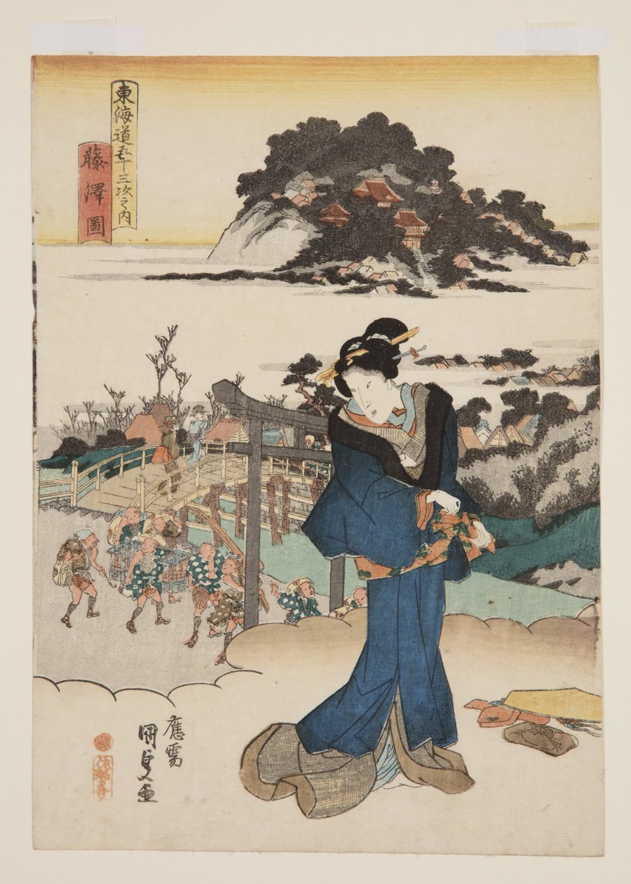 Utsikt over Fujisawa (Fujisawa zu) (farget treblokktrykk) av Utagawa Kunisada