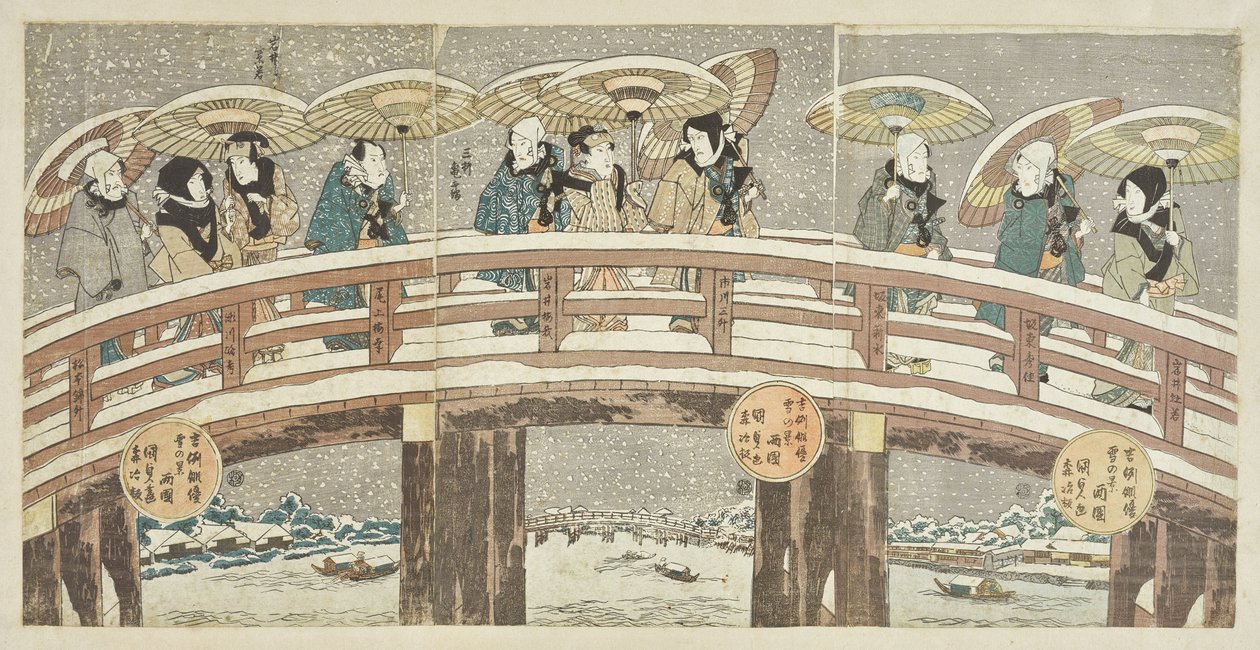 Vinterscene med et lykkebringende skuespilleropptog av Utagawa Kunisada
