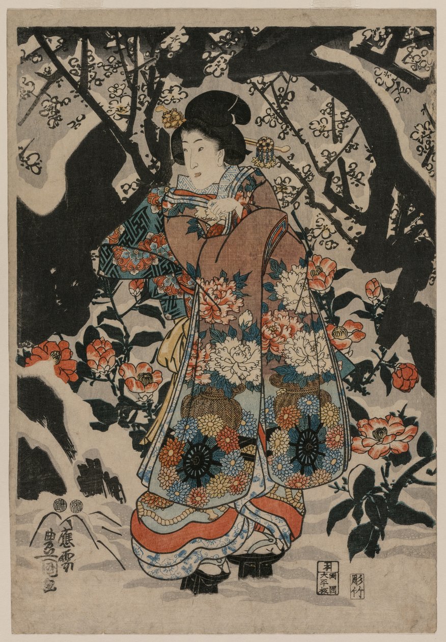 Kvinne som står ved siden av et plommetre, ca. 1850. av Utagawa Kunisada