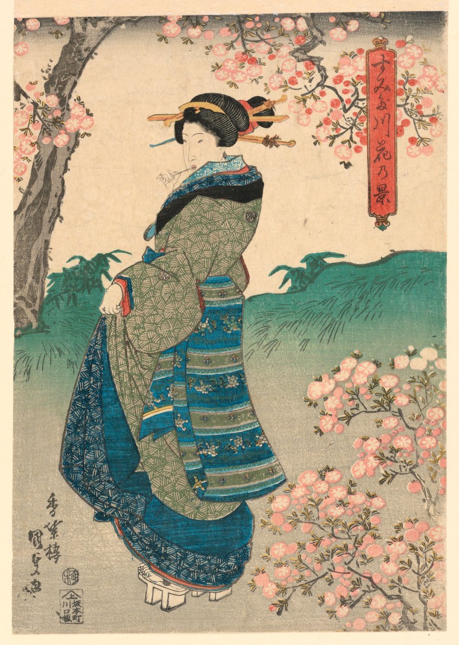 Kvinne som ser på kirsebærblomster på bredden av Sumida-elven (Sumidagawa hana no kei) av Utagawa Kunisada
