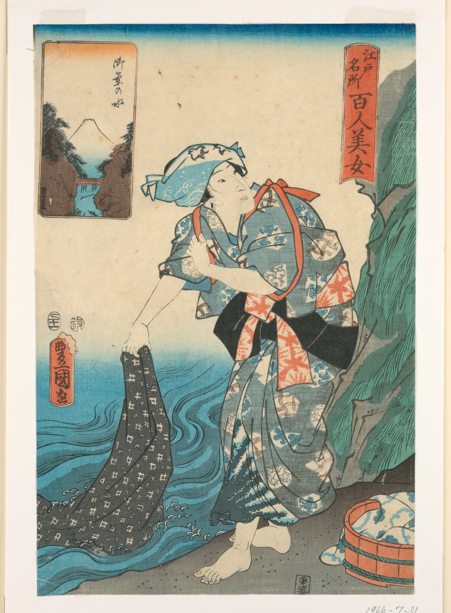 Kvinne som vasker stoff i en bekk av Utagawa Kunisada