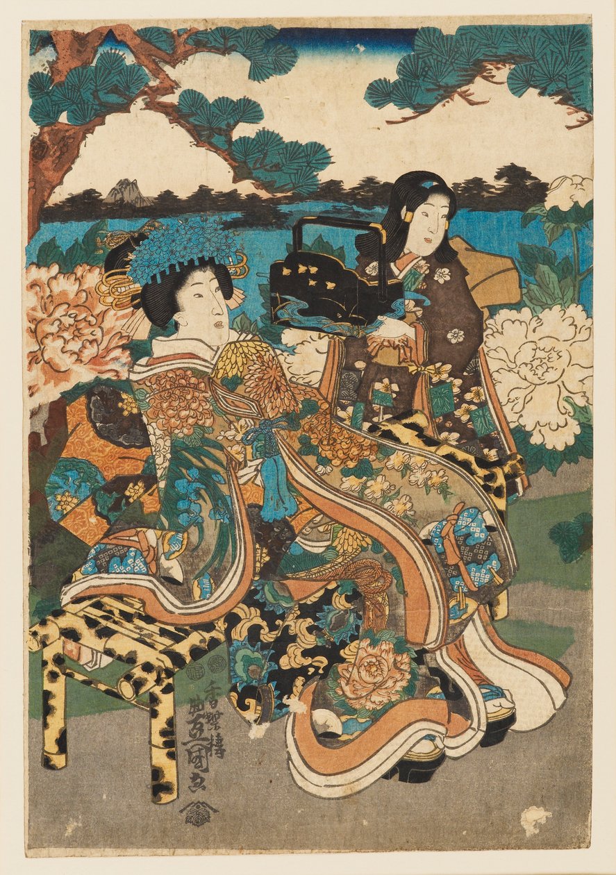 Treblokktrykk - kurtisane og hushjelp, 1786-1865 av Utagawa Kunisada