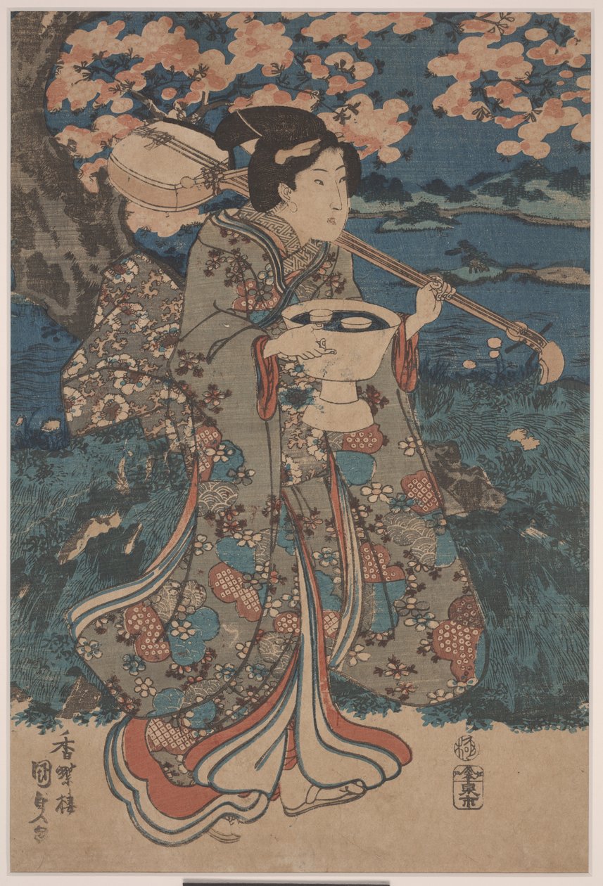 Gå på kirsebærblomsterfest (fargetresnitt) av Utagawa Kunisada III