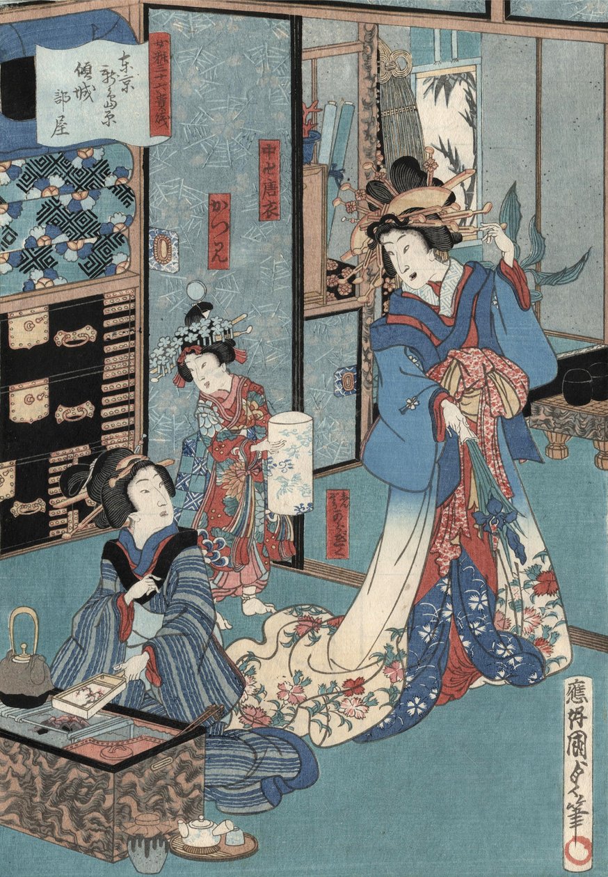 Ukiyo-e-trykk av Geisha med Hibachi av Kunisada II, ca. 1860 (treblokktrykk i farger) av Utagawa Kunisada II