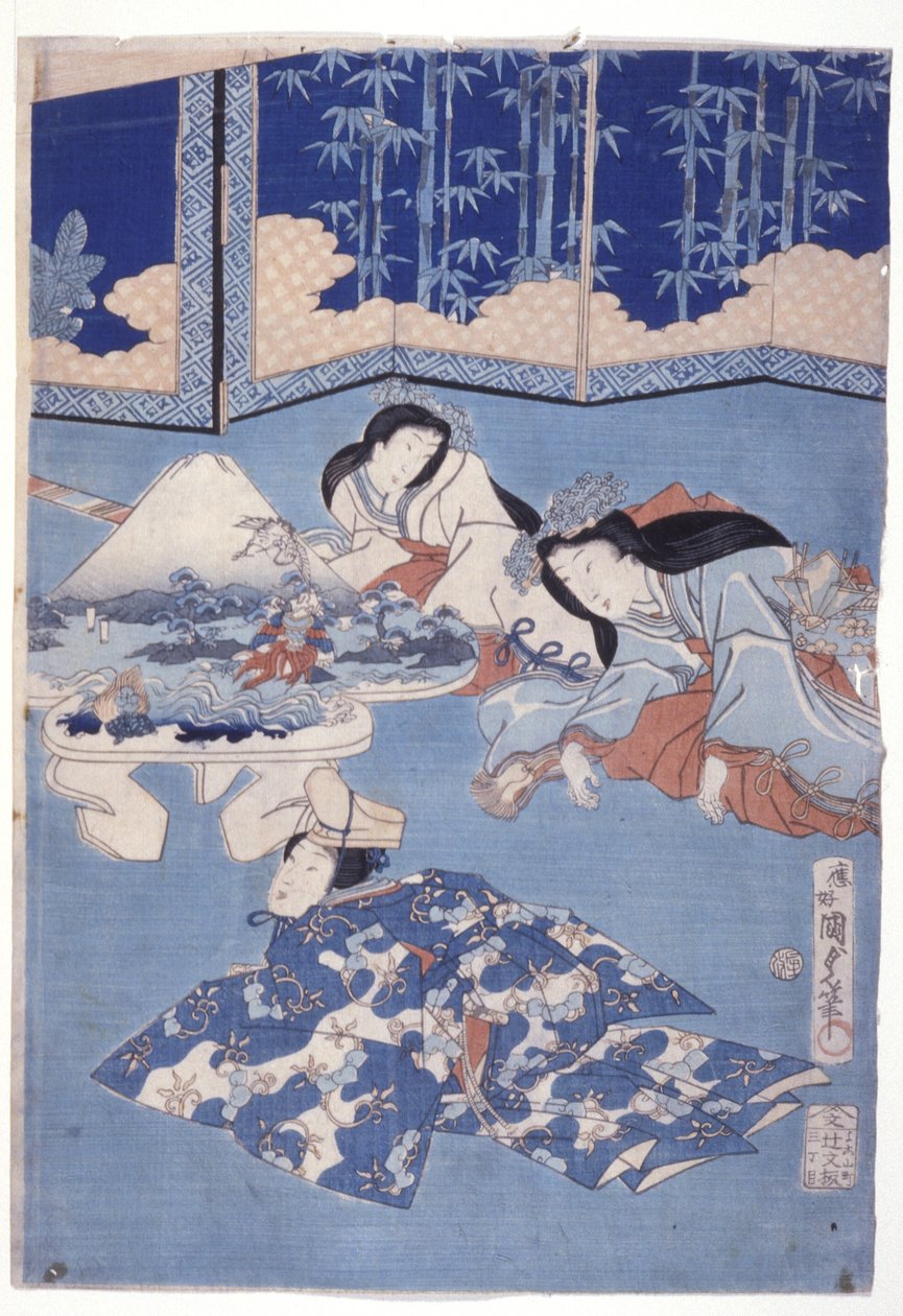 Innbydende vår med en samling av blomster (Hana Soroi Haru No Taimen) (treblokktrykk i farger) av Utagawa Kunisada II