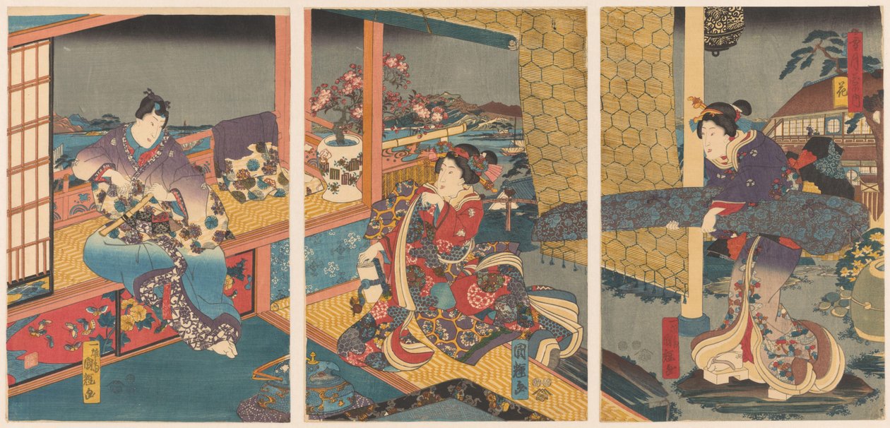Blomster Hana (tittel på objekt) Snow, Moon and Flowers (serietittel) Setsugekka no uchi (serietittel på objekt) av Utagawa Kuniteru