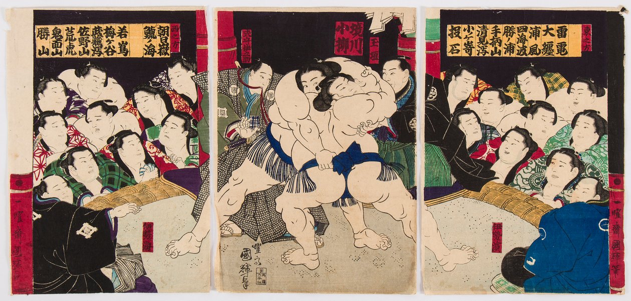 Kamp av sumobrytere. Trykk av Utagawa Kuniteru (1808-1876) - Sumobrytere, av Kuniteru, Utagawa (1808-1876). Fargetresnitt. Privat samling av Utagawa Kuniteru