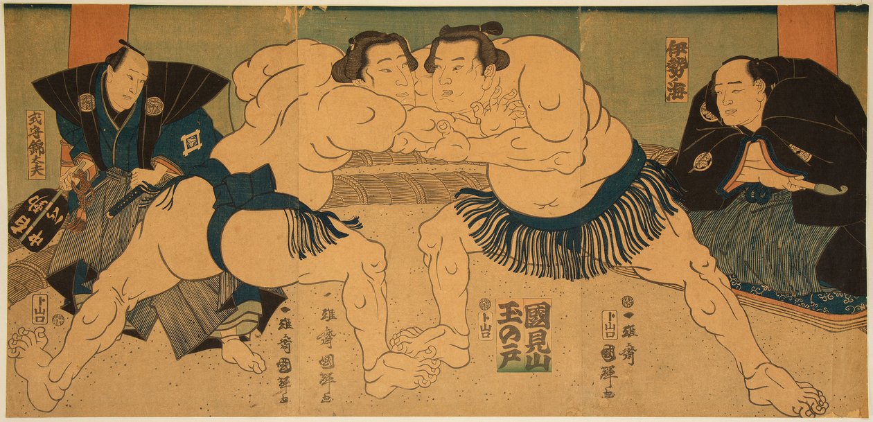 Sumobrytere kjemper, Tagasugo mot Ayusegawa. Trykk av Utagawa Kuniteru (1808–1876) av Utagawa Kuniteru