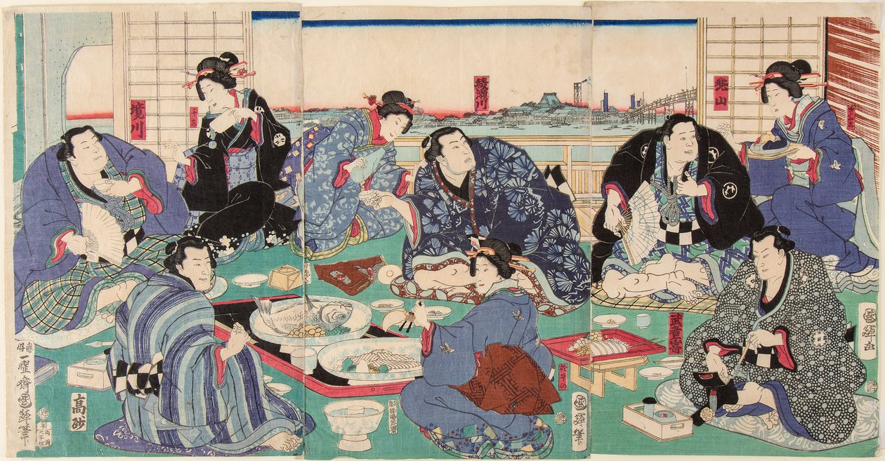 Sumobryter Sakaigawa Namiemon (til venstre) med andre brytere og geisha ved et festmåltid. Trykk av Kuniteru, Utagawa (1808-1876) av Utagawa Kuniteru