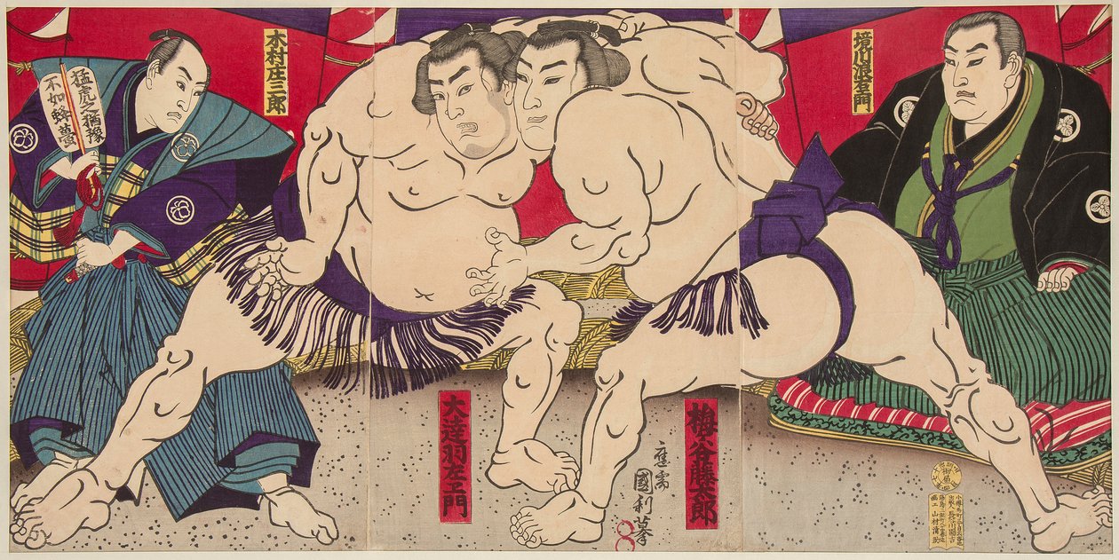 Combat des lutteurs de sumo Umegatani Rodachi et Kimura Shonosuke. 38x72,5 av Utagawa Kunitoshi