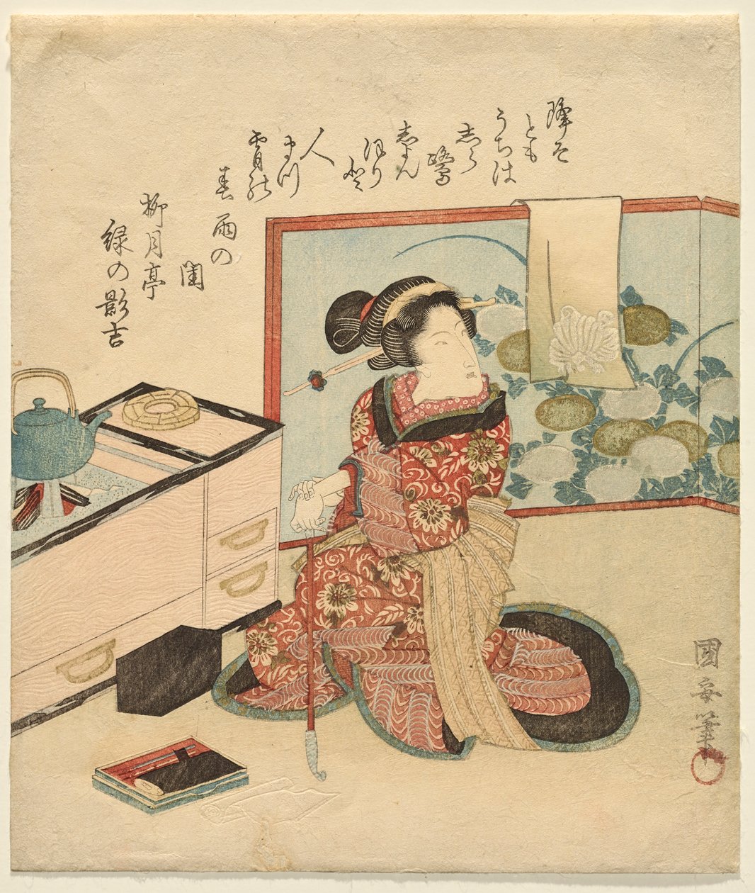 Kvinne venter lenende på røret av Utagawa Kuniyasu