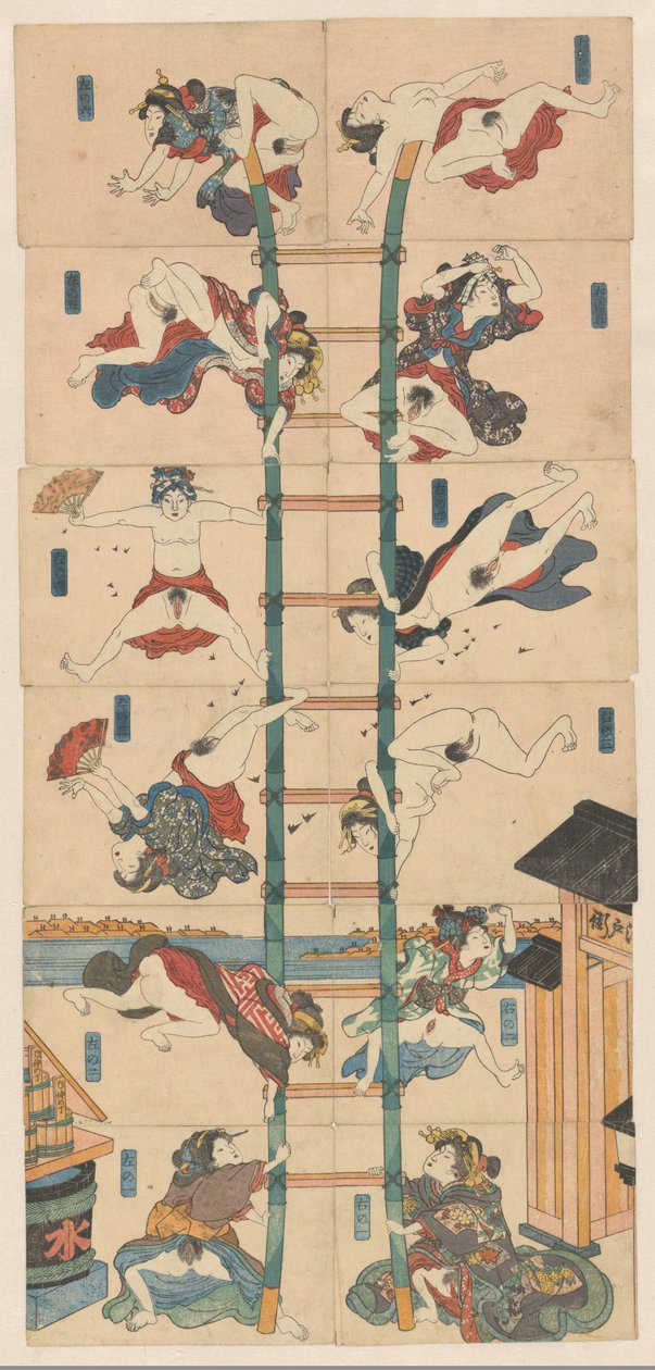Serie på tolv koban Shunga med prostituerte i rollen som akrobatiske brannmenn av Utagawa Kuniyoshi (school of)