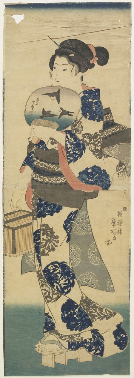 (Kvinne med vifte og cricketbur), 1843-1847 av Utagawa Kuniyoshi