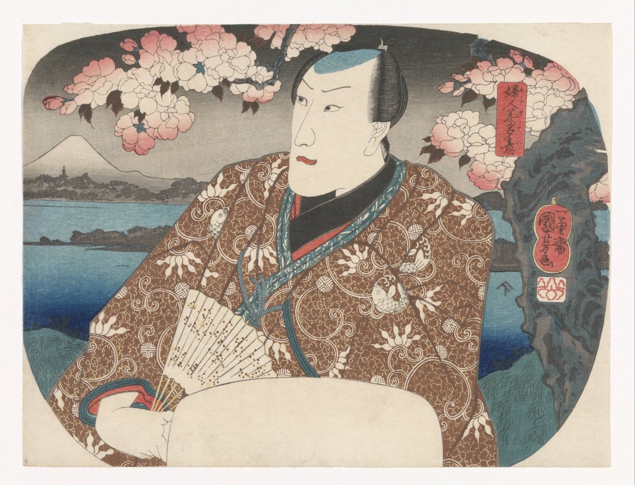 Skuespiller med vifte under kirsebærblomst av Utagawa Kuniyoshi