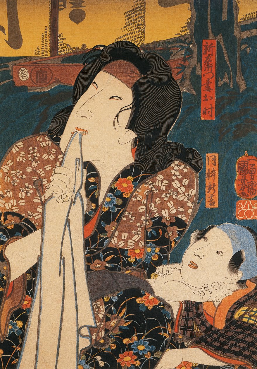Skuespiller i ettertenksom positur ved siden av barnet, av Utagawa Kuniyoshi, tresnitt av Utagawa Kuniyoshi