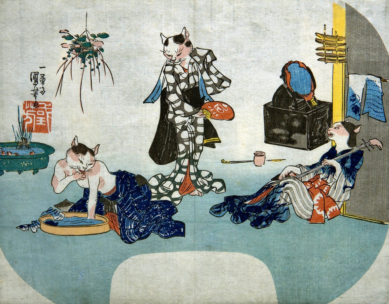 Antropomorfe katter slapper av om sommeren, ca. 1842 av Utagawa Kuniyoshi