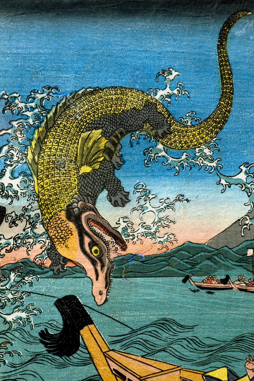 Asahina Yoshihides kamp med to krokodiller i havet utenfor Kamakura Kotsubo av Utagawa Kuniyoshi