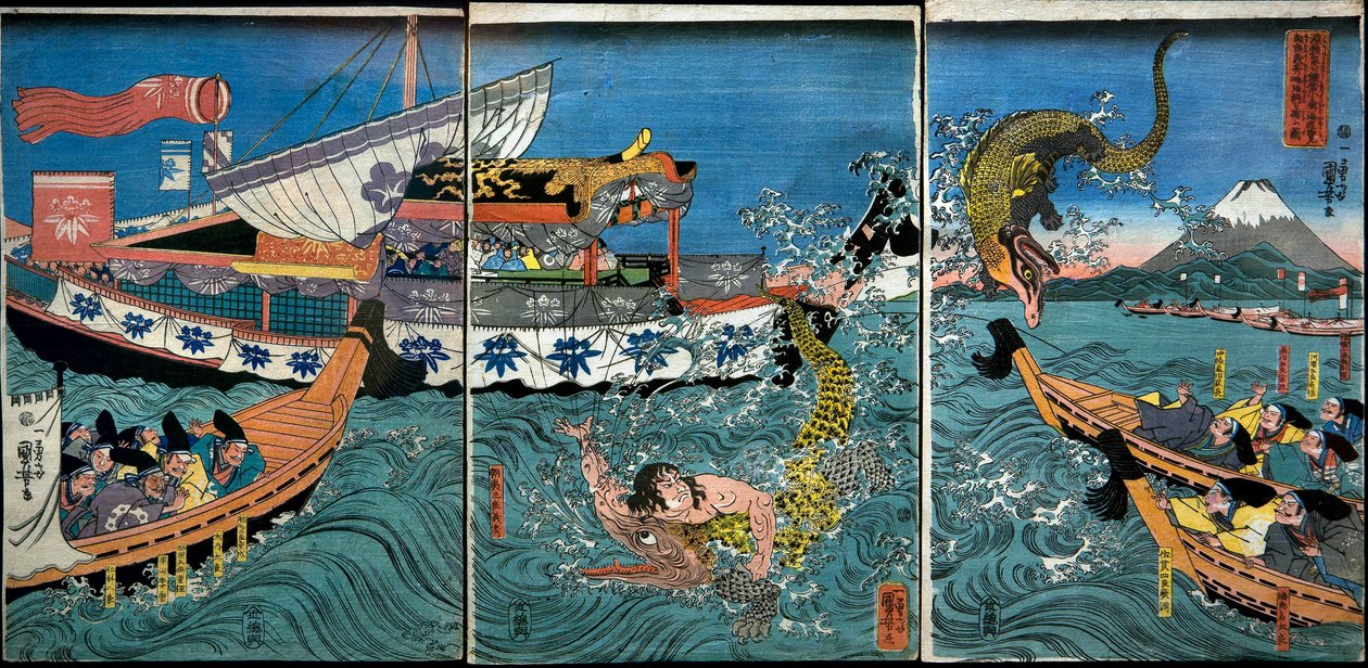 Asahina Yoshihides kamp med to krokodiller i havet utenfor Kamakura Kotsubo av Utagawa Kuniyoshi
