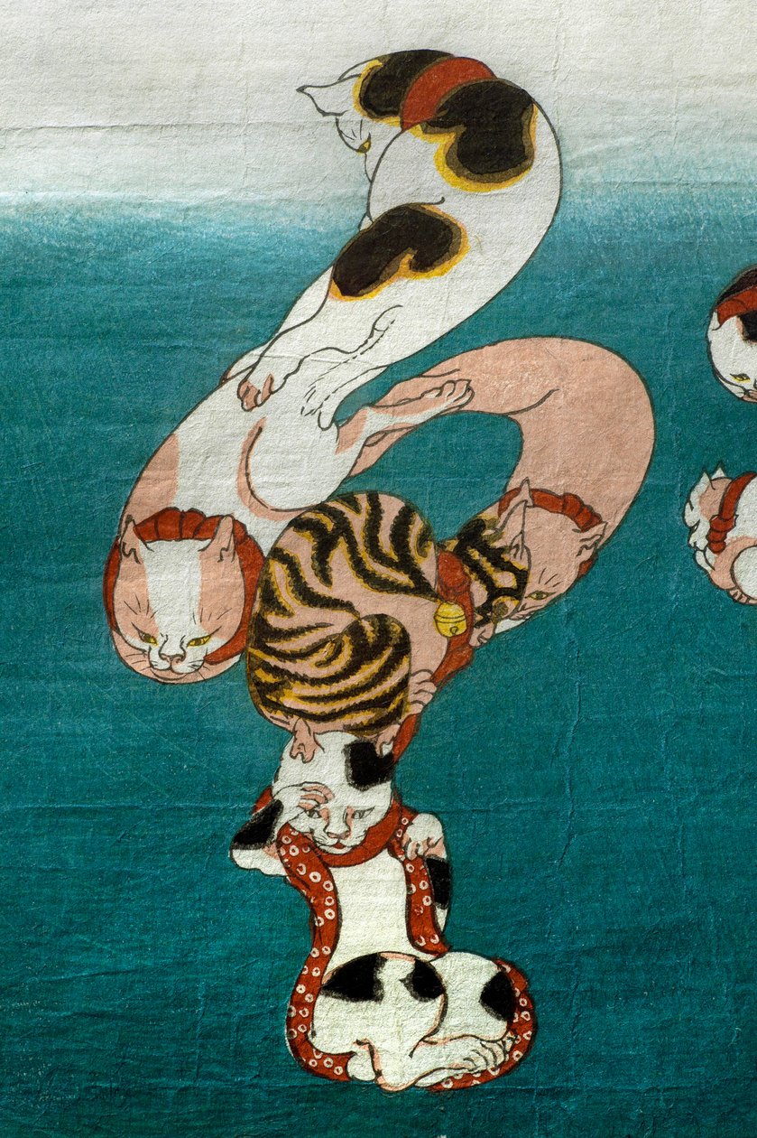 Ballongfisk (Fugu)-serien Katter som danner skriftlige tegn (Neko no ateji), ca. 1842 av Utagawa Kuniyoshi