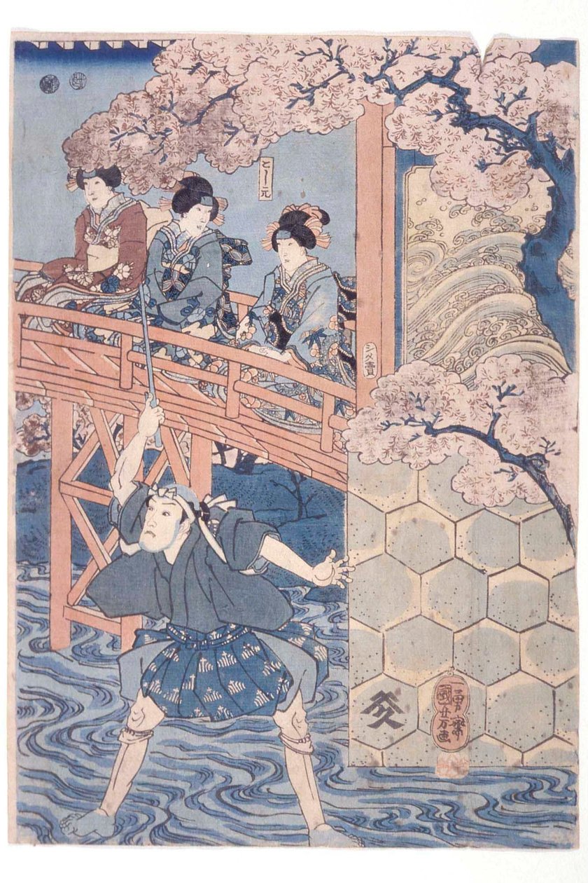 Bandō Hikosaburō IV som Ashikaga Yoshimasa og Ichikawa Kodanji IV som Asakura Tōgo fra kabuki-stykket Higashiyama sakura sōshi av Utagawa Kuniyoshi