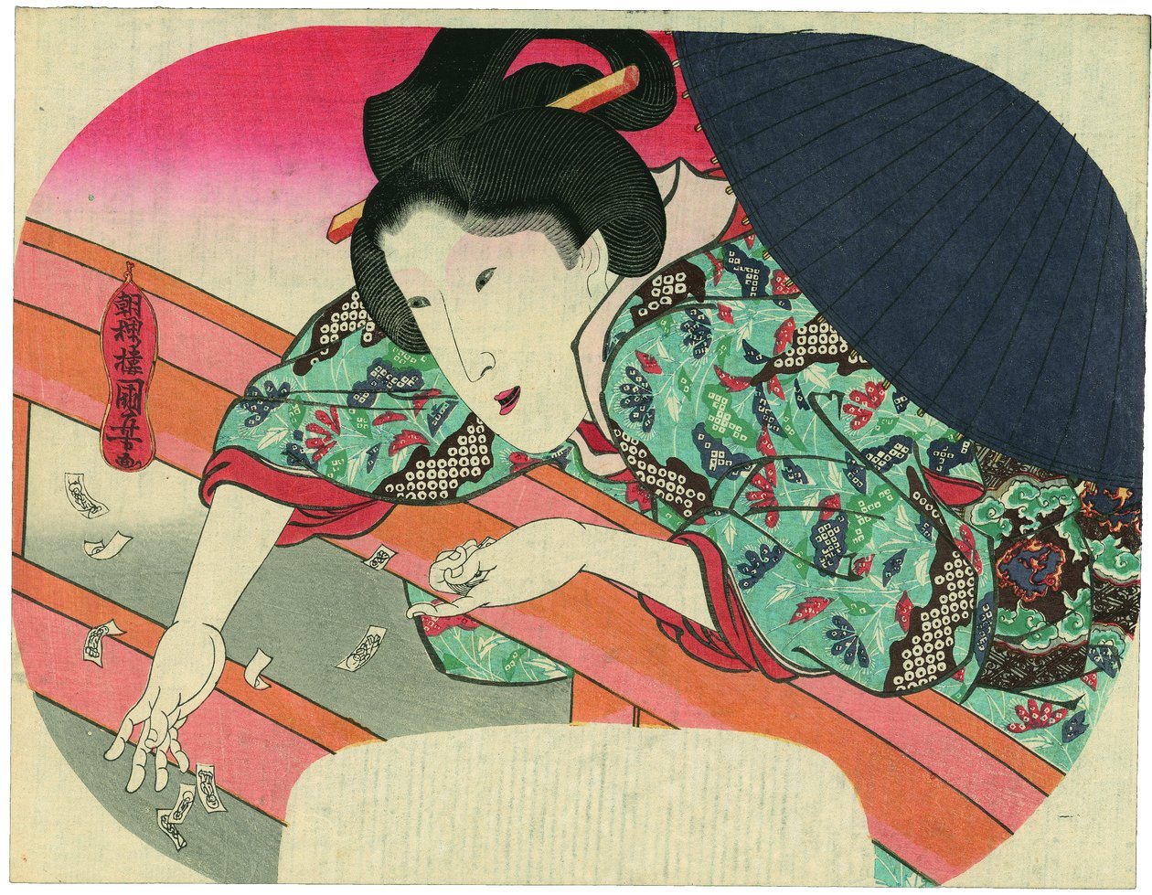 En skjønnhet kaster bønnesedler til bodhisattva Jizō i Sumida-elven for å berolige de druknedes ånder av Utagawa Kuniyoshi