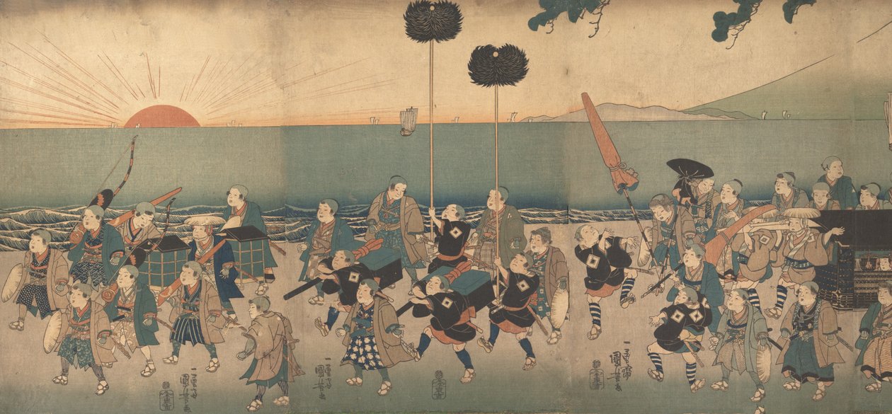 Gutter spiller en Daimyo-prosesjon, 1800-tallet. av Utagawa Kuniyoshi