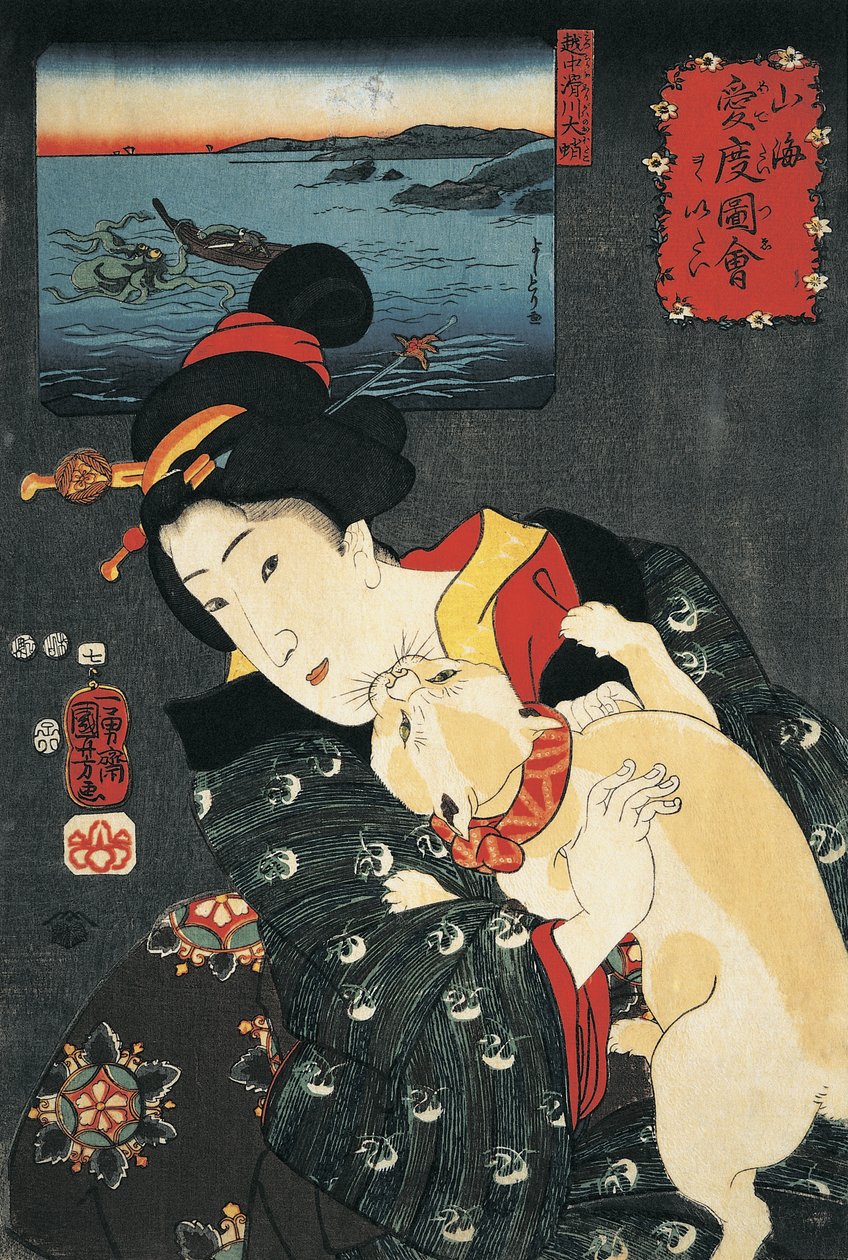 Nærbilde av en ung kvinne med en katt i armene av Utagawa Kuniyoshi