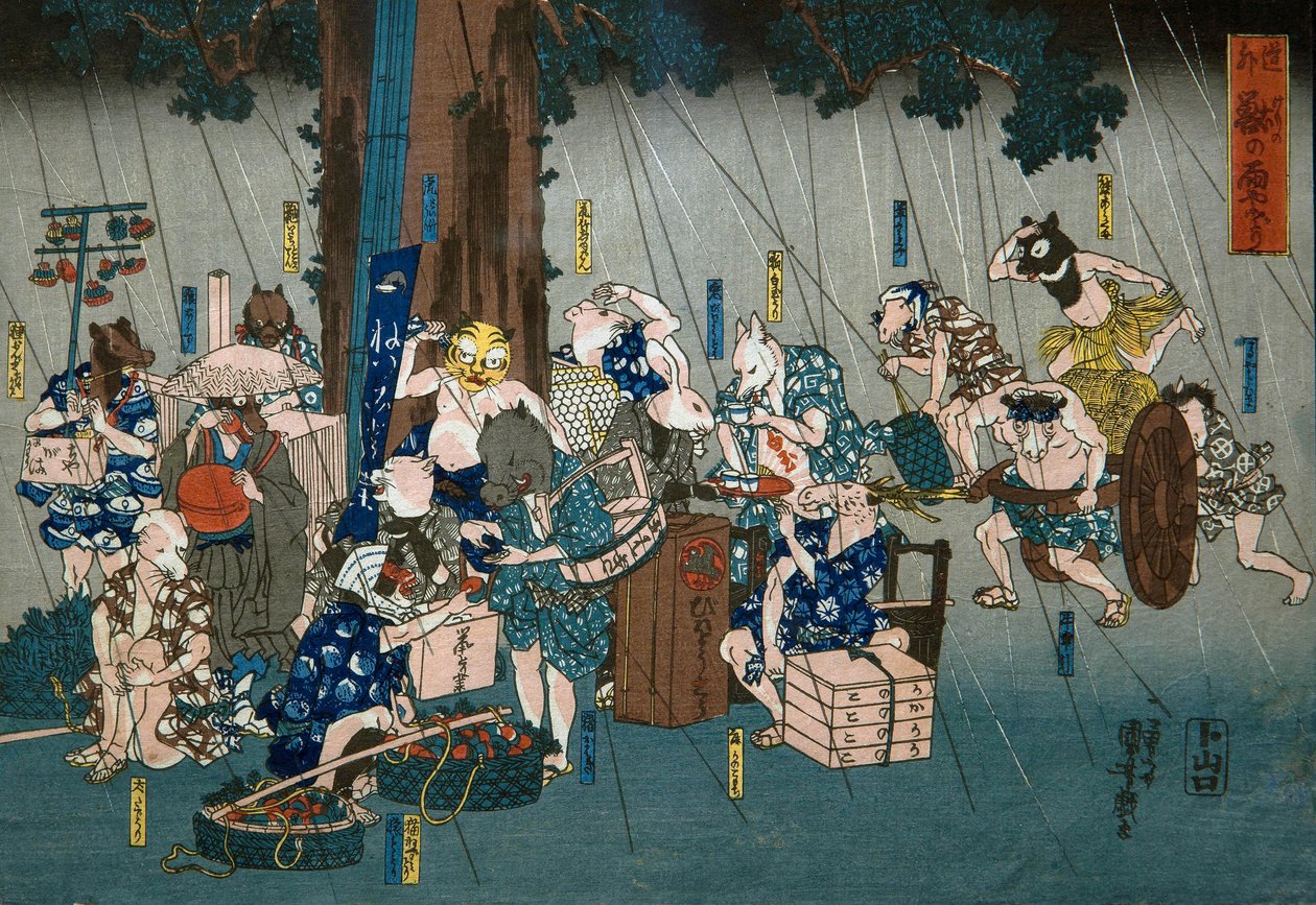 Komiske dyr som tar ly for regn (Dōke kemono no amayadori), ca. 1842 av Utagawa Kuniyoshi
