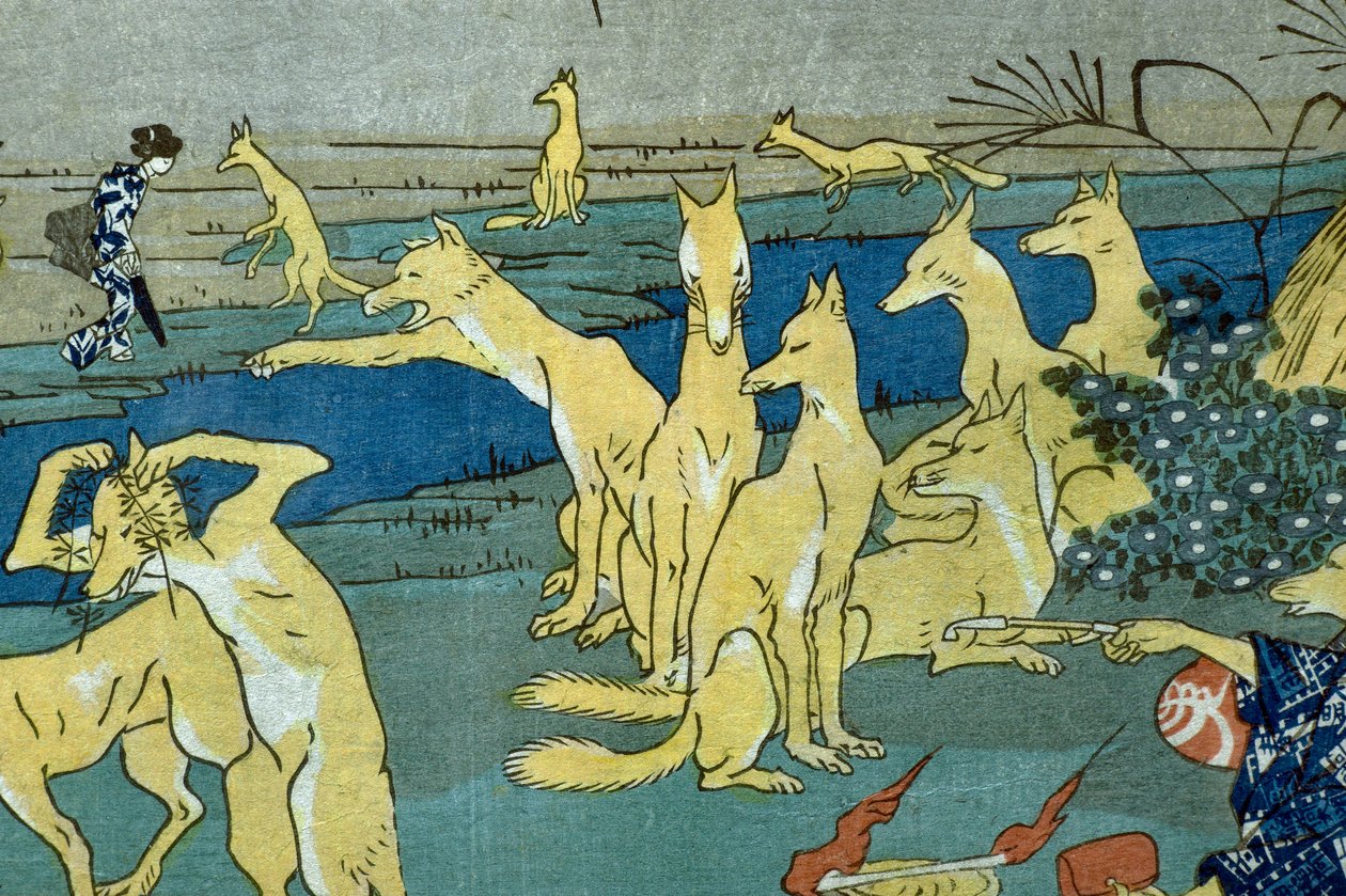 Tegneserierever som øver på formendring (Dōke kitsume henge no keiko), ca. 1842 av Utagawa Kuniyoshi