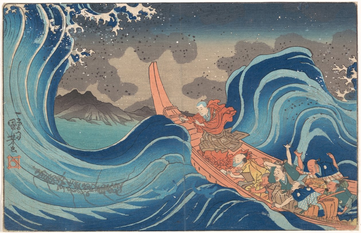 Kort illustrert biografi om munken Nichiren: Å roe det stormfulle havet ved Tsunoda under eksilet på Sadoøya av Utagawa Kuniyoshi