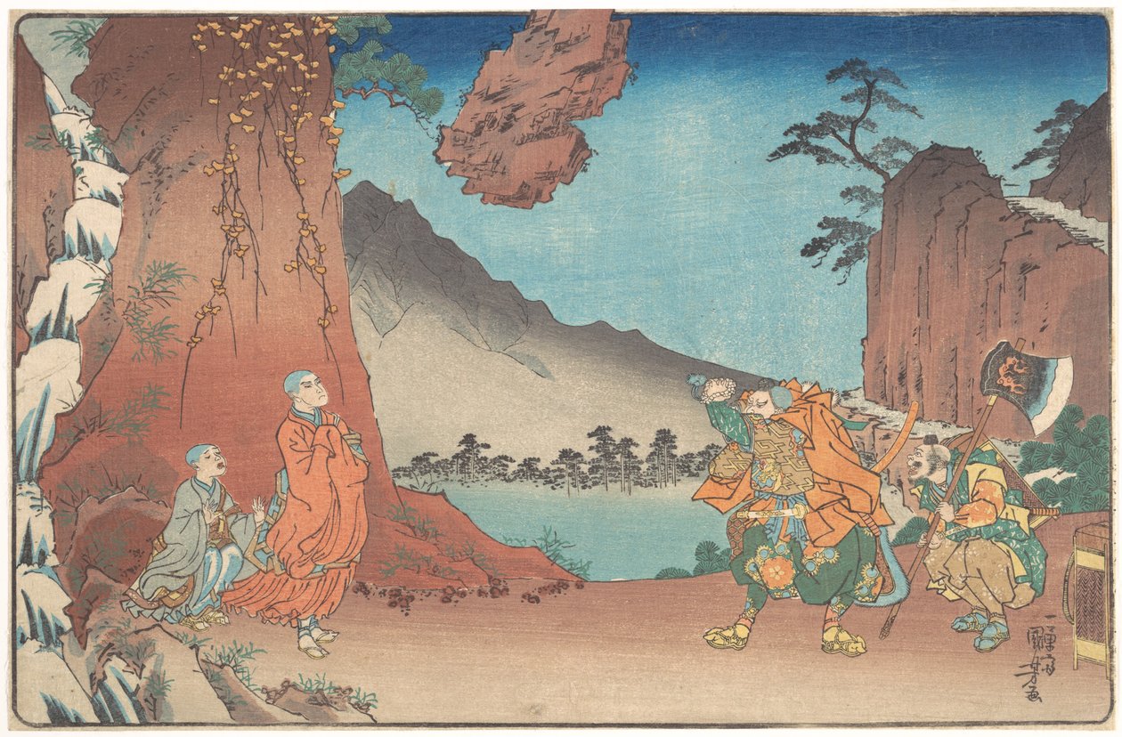 Kort illustrert biografi om munken Nichiren: Stein som svever ved bønnens kraft på Komuro-fjellet av Utagawa Kuniyoshi