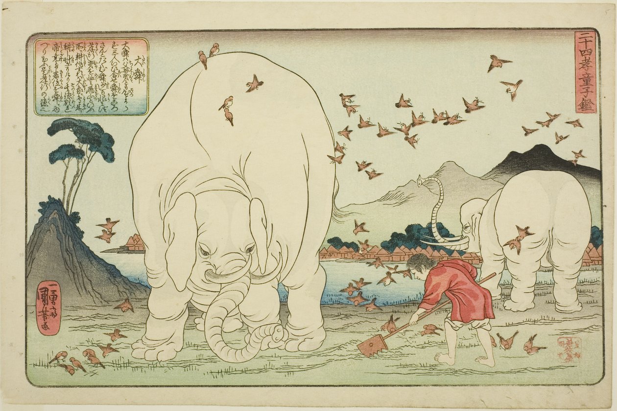 Dashun (Taishun), fra serien "Twenty-fire Paragons of Filial Piety as a Mirror for Children (Nijushiko doji kagami)" av Utagawa Kuniyoshi