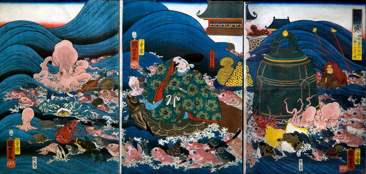 Dragon Palace Dragon King presenterer tre gaver til Tawara Tōda Hidesato (Ryūgūjō av Utagawa Kuniyoshi
