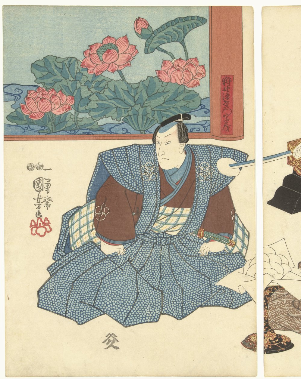 Tre skuespillere ved en sammenleggbar skjerm av Utagawa Kuniyoshi