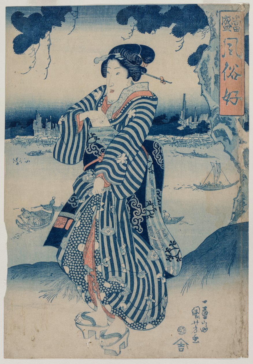 Geisha som står på bredden av Sumida-elven (fra serien People Who Like the Latest Fashions and Manners) av Utagawa Kuniyoshi