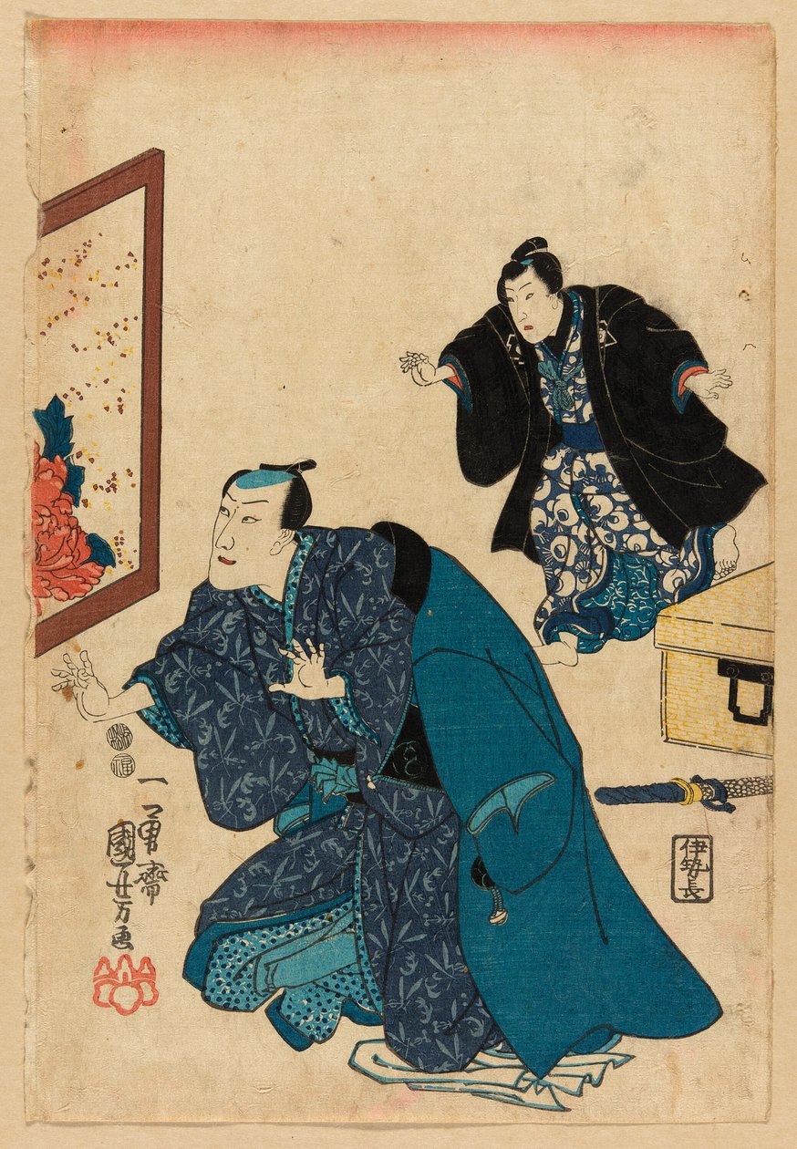 Ichikawa Danjuro VII foran en skjerm dekorert med peoner av Utagawa Kuniyoshi