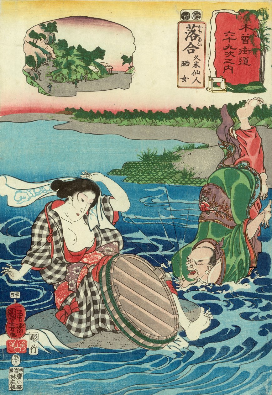 Kume Sennin faller i en elv ved synet av en barbrystet kvinne som huker seg på en stein, Station 45, utgitt av Hayashi Shoehi (farget treblokktrykk) av Utagawa Kuniyoshi