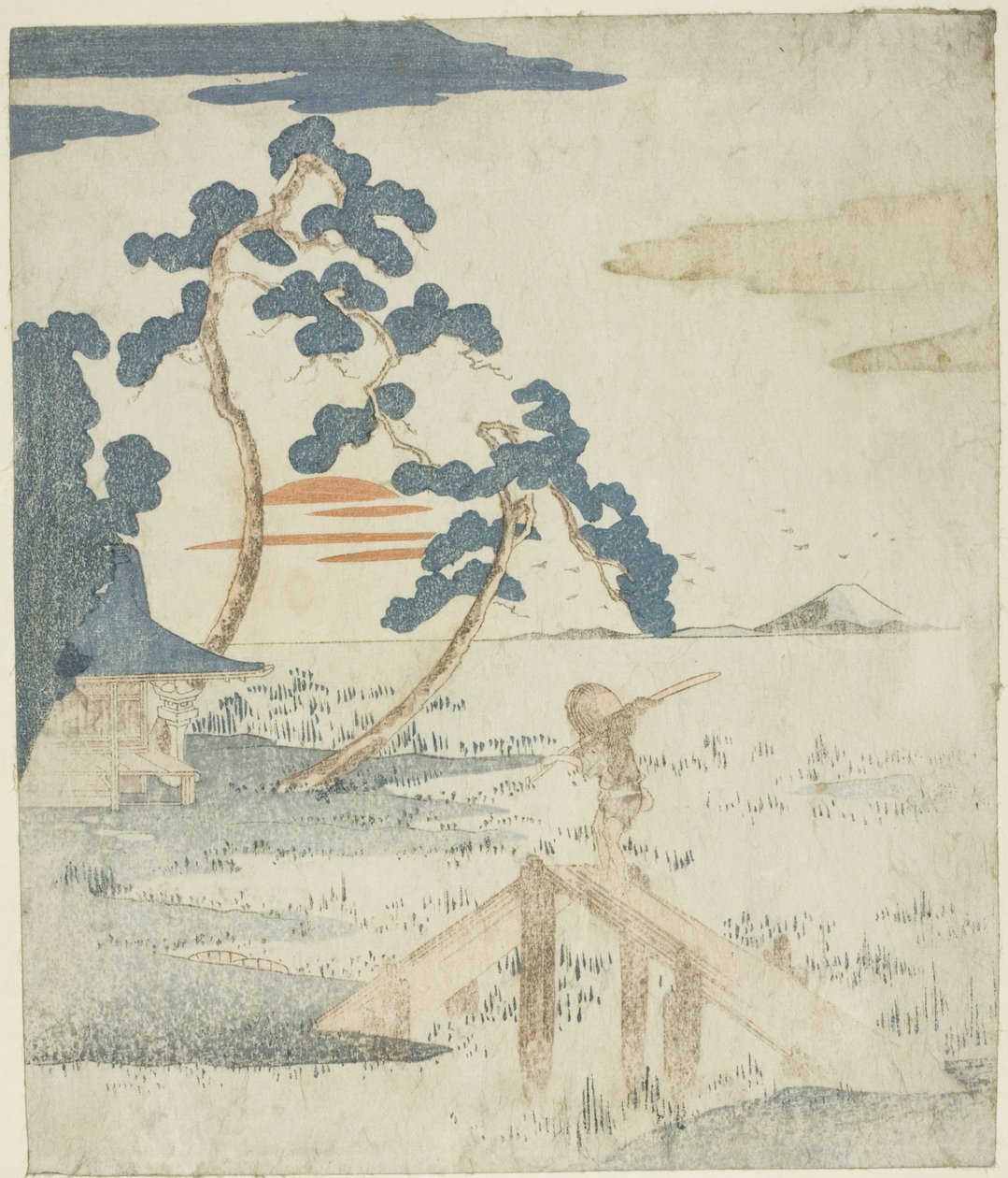 Man Crossing a Bridge as the Sun Rises, fra en utgave uten tittel (uten poesi) av illustrasjonene til serien "Five Prints of Mount Fuji (Fuji goban no uchi)" av Utagawa Kuniyoshi