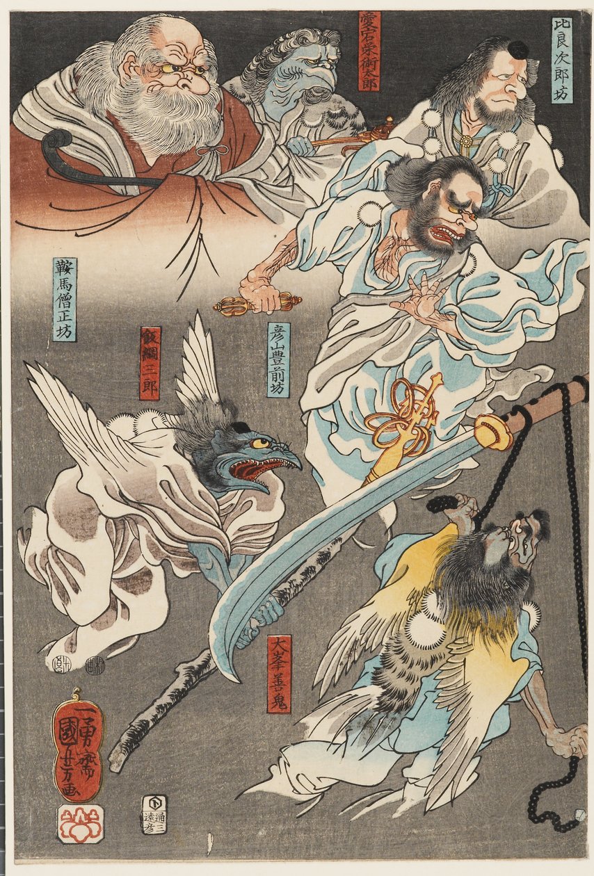 Minamoto Yoshitsune kjemper mot Benkei på Gojō Bridge, med hjelp av tengu-demoner av Utagawa Kuniyoshi