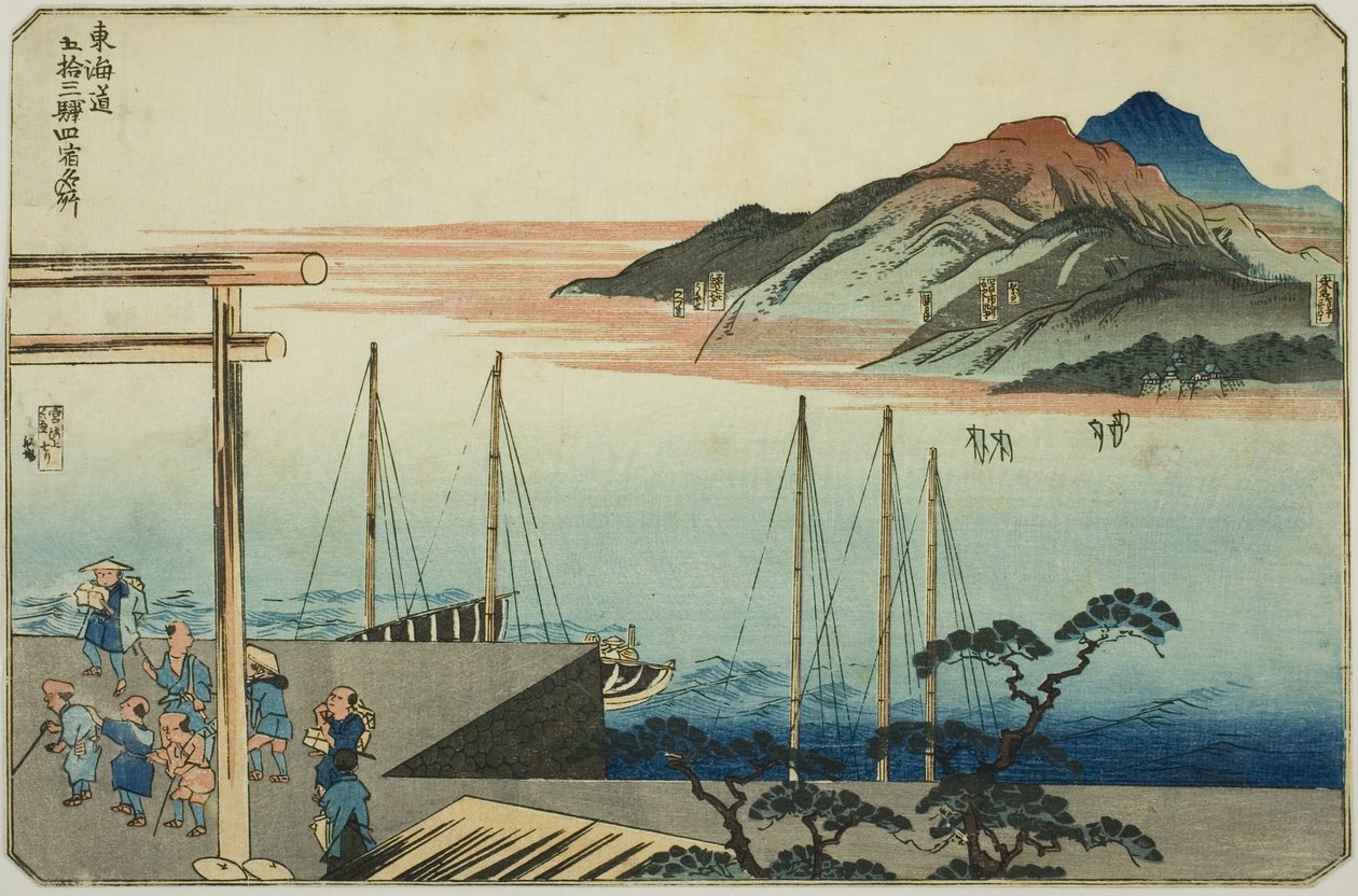 Miya, Kuwana, Yokkaichi og Ishiyakushi, fra serien "Famous Places on the Fifty-tre Stations of the Tokaido, Four Stations (Tokaido gojusan eki yonshuku meisho)" av Utagawa Kuniyoshi