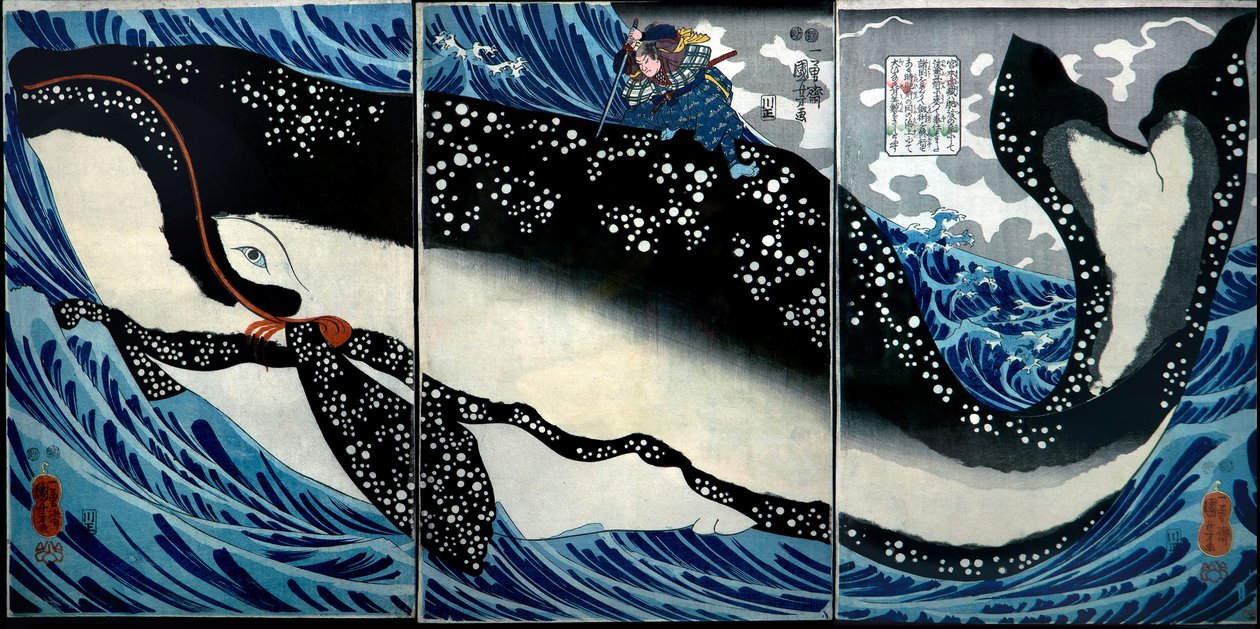 Miyamoto Musashi dreper en enorm hval, ca. 1847 av Utagawa Kuniyoshi