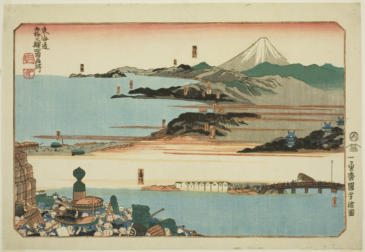 Nihonbashi, Shinagawa, Kawasaki og Kanagawa, fra serien "Famous Places on the Fifty-tre Stations of the Tokaido, Four Stations (Tokaido gojusan eki yonshuku meisho)" av Utagawa Kuniyoshi