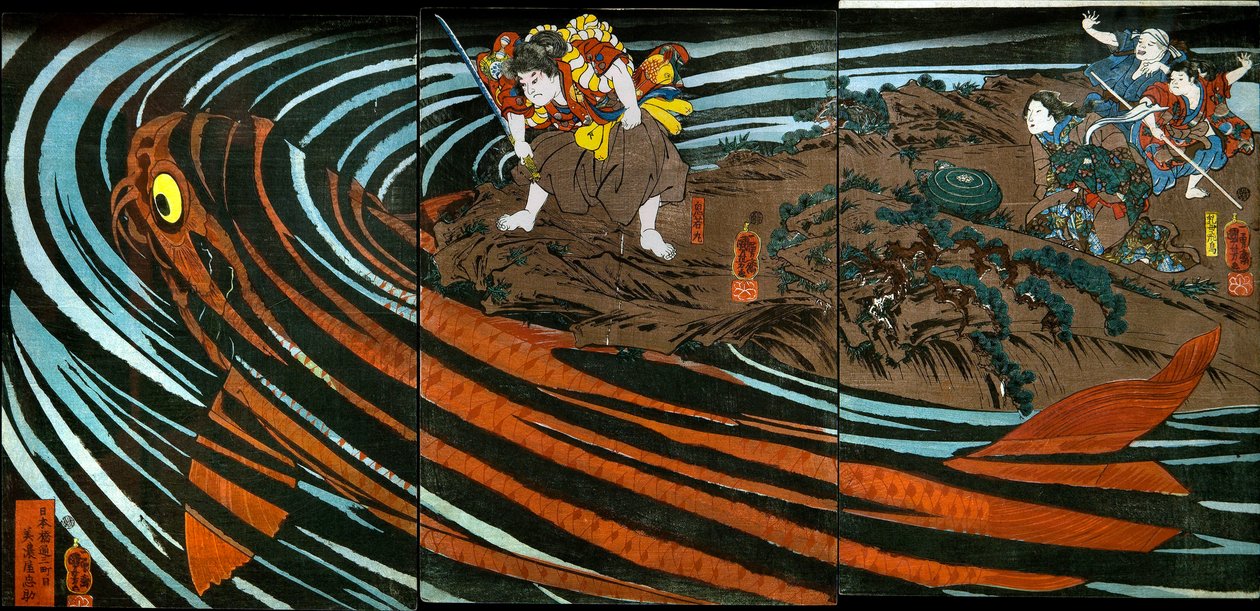 Oniwaka-maru i ferd med å angripe den monstrøse karpen av Utagawa Kuniyoshi