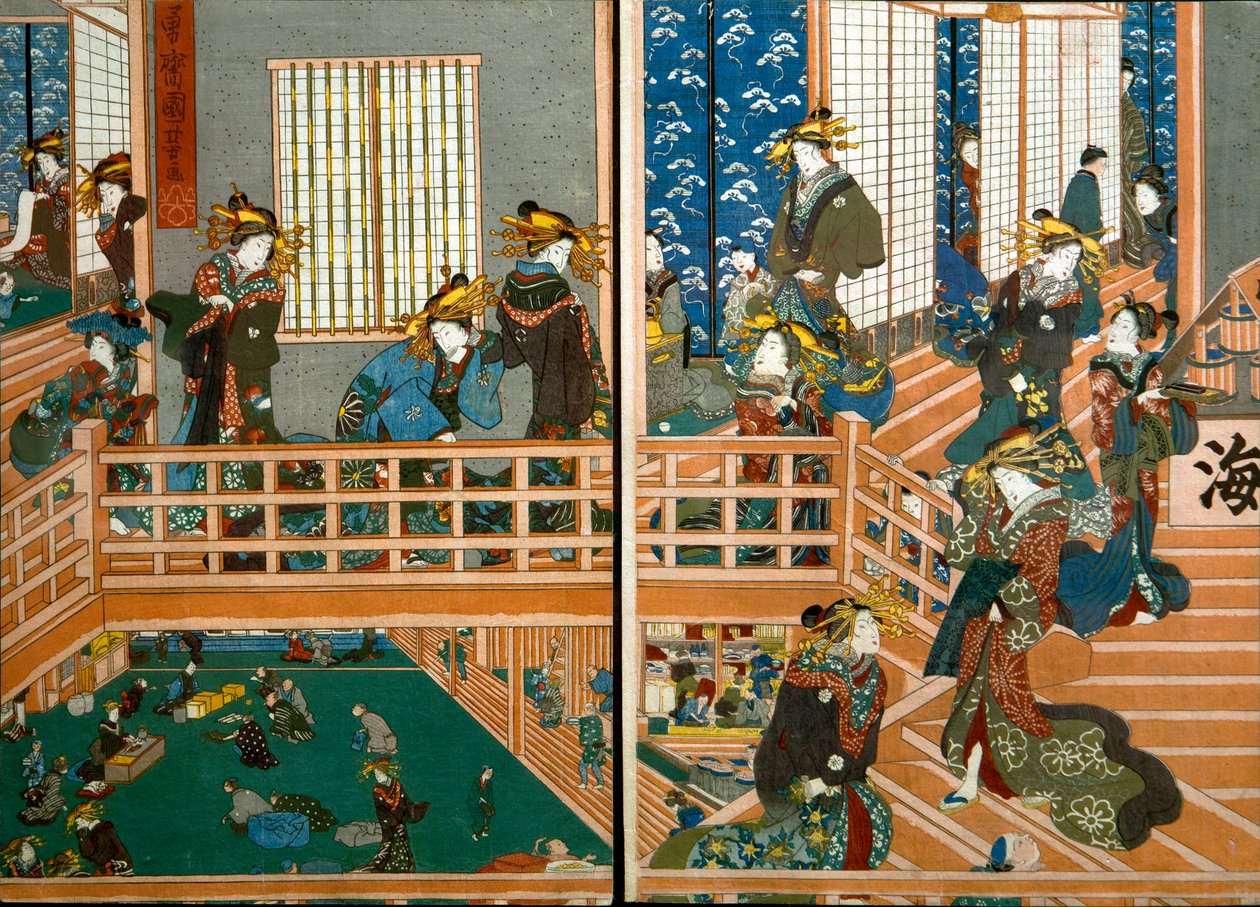 Oversikt over ovenpå Kado-Ebiya av Utagawa Kuniyoshi