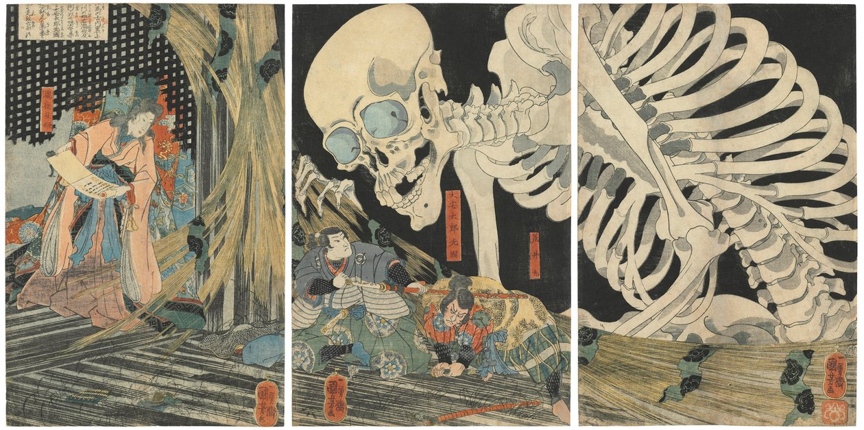Oyataro Mitsukuni trosser skjelettspektret fremmanet av prinsesse Takiyasha, 1844-1845. av Utagawa Kuniyoshi