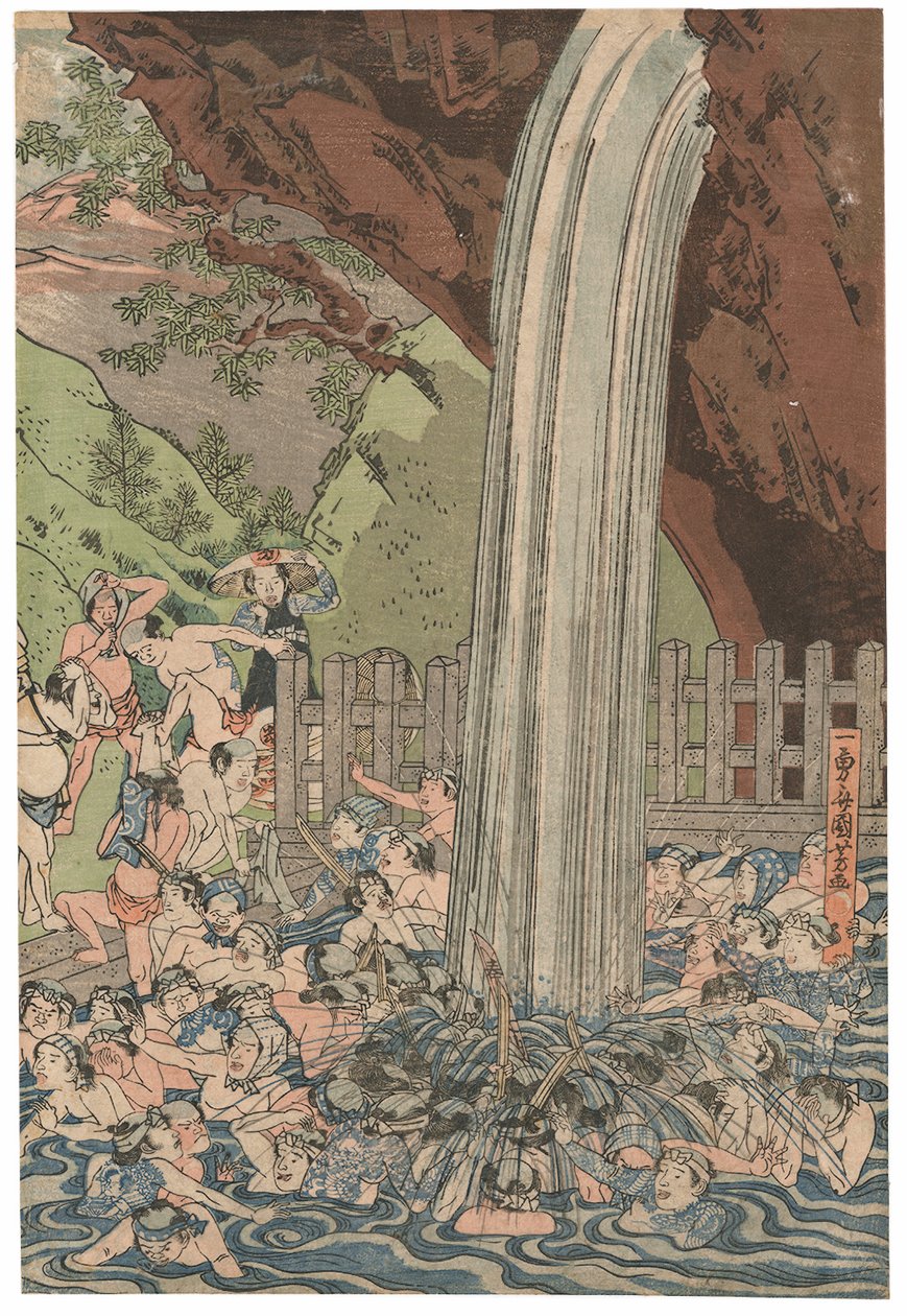 Pilegrimer ved Roben-fossen ved Oyama, signert Ichiyusai Kuniyoshi, utgitt av Azumaya Daisuke, kiwame-sel, Oban tate-e triptych (treblokktrykk i farger) av Utagawa Kuniyoshi