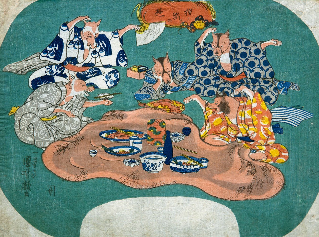 Racoon Dog and Fox at Play (Tanuki to kitsune no asobi), ca. 1842 av Utagawa Kuniyoshi