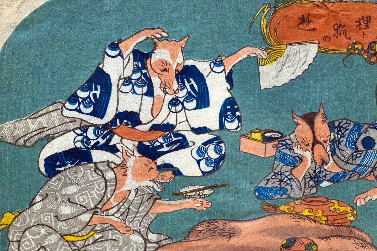 Racoon Dog and Fox at Play (Tanuki to kitsune no asobi), ca. 1842 av Utagawa Kuniyoshi