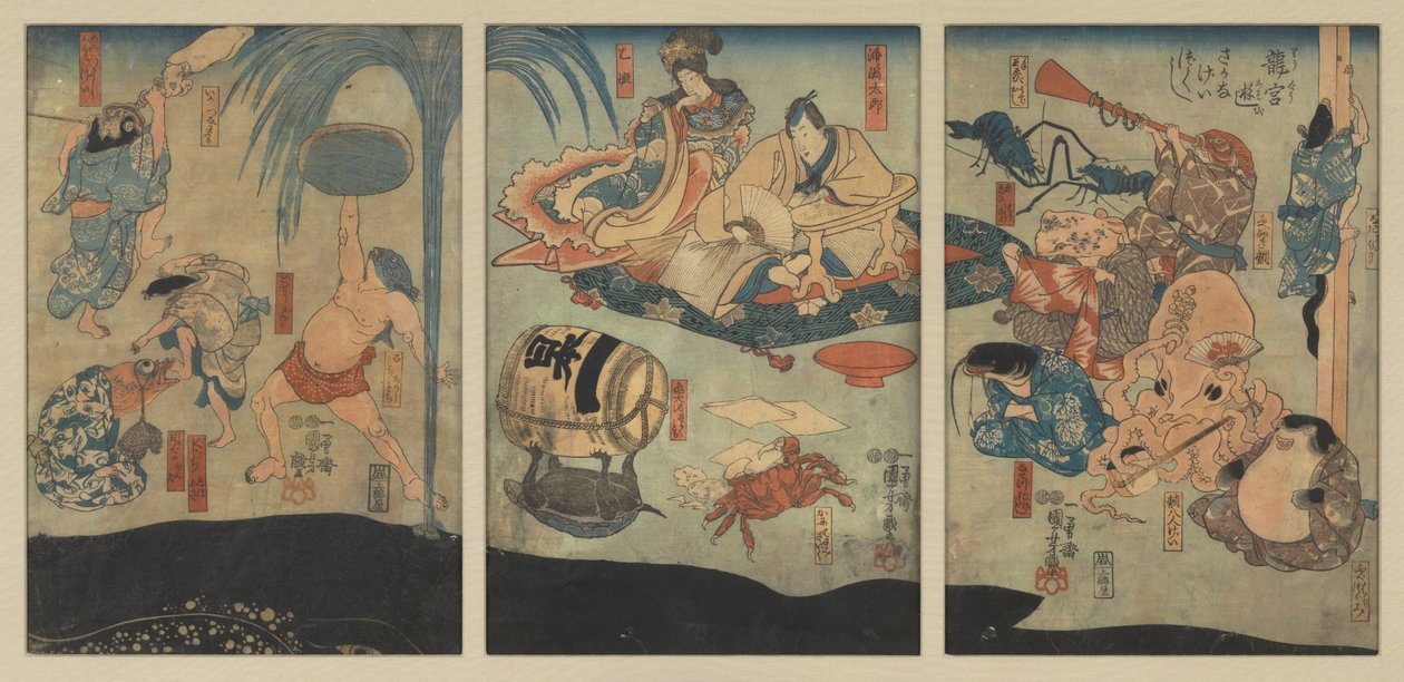 Havskapninger underholder Urashima Tarō og Oto Hime i Dragepalasset av Utagawa Kuniyoshi