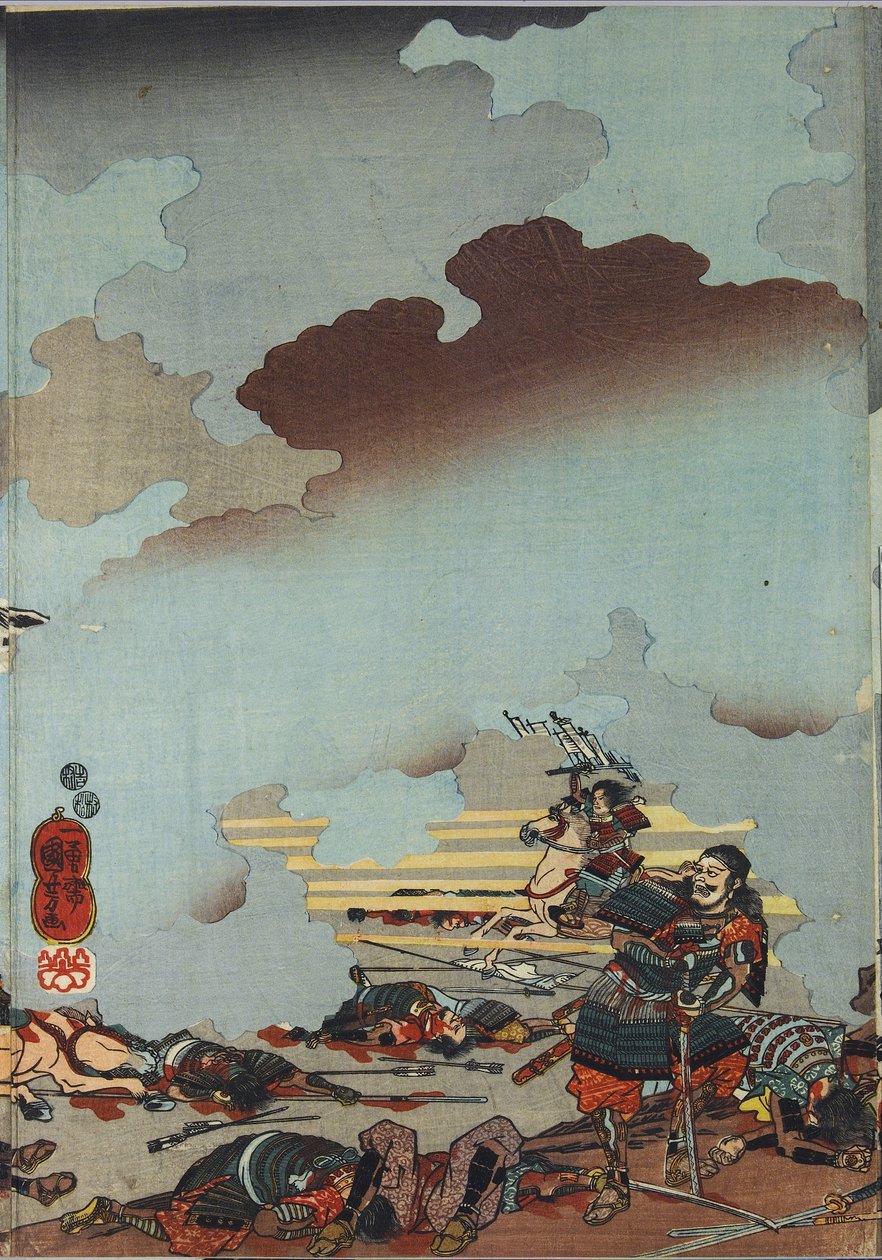 Ark fra en triptyk med farget treblokk, med tittelen Eiroku yonnen kugatsu yokka Kawanakajima kassen ni Yamamoto Kansuke nyū dō no uchijini no zu (Døden til Yamamoto Kansuke i slaget ved Kawanakajima den 4. dagen i den 9. måneden av Eiroku 4), [15614] av Utagawa Kuniyoshi